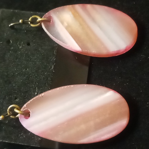 lace agate tear drop earrings pink white & brown agate polished with brushed edg - Picture 2 of 5